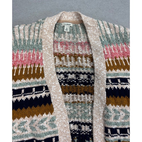 LL Bean Cotton Ragg Open Cardigan Fair Isle Cozy Sweater Size XL Pockets - Picture 5 of 11
